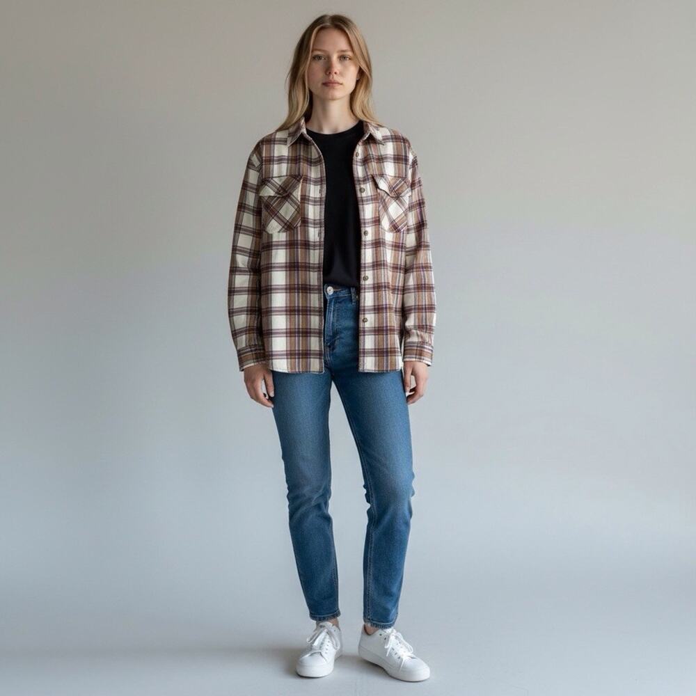Jachs Girlfriend Women Large Plaid Button Down Shirt Tan Purple White L Long Slv